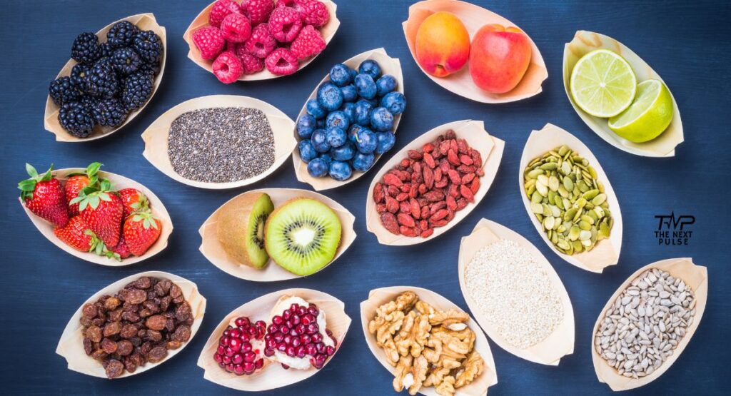 chia pudding flavored toppings, fresh fruits, nuts, & seeds