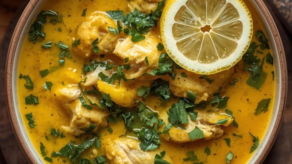 Golden turmeric chicken soup with herbs and lemon slices