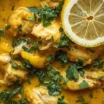 Golden turmeric chicken soup with herbs and lemon slices