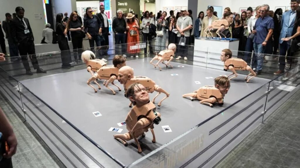 Elon Musk, Bezos & Warhol as Robot Dogs? The Art Basel Installation Breaking the Internet 2 robot dogs-Beeple at Art Basel